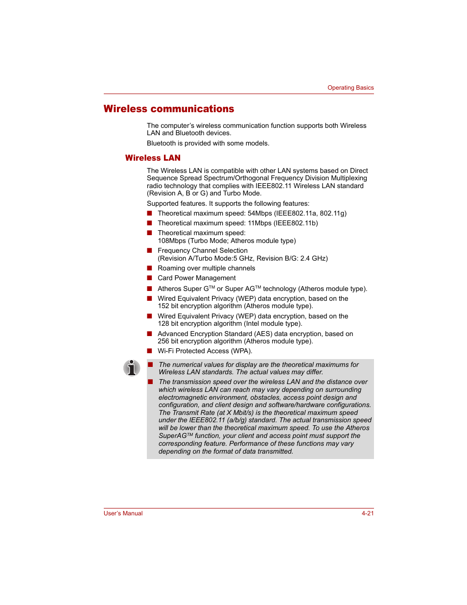 Wireless communications, Wireless lan, Wireless communications -21 | Wireless lan -21 | Toshiba Qosmio G20 (PQG20) User Manual | Page 93 / 264