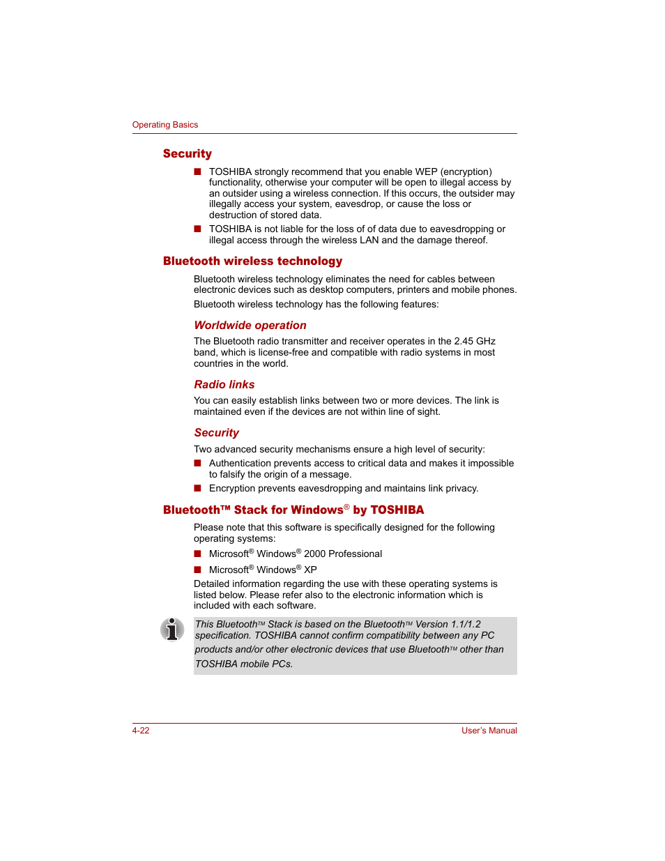 Security, Bluetooth wireless technology, Bluetooth™ stack for windows® by toshiba | Bluetooth™ stack for windows, By toshiba | Toshiba Qosmio G20 (PQG20) User Manual | Page 94 / 264