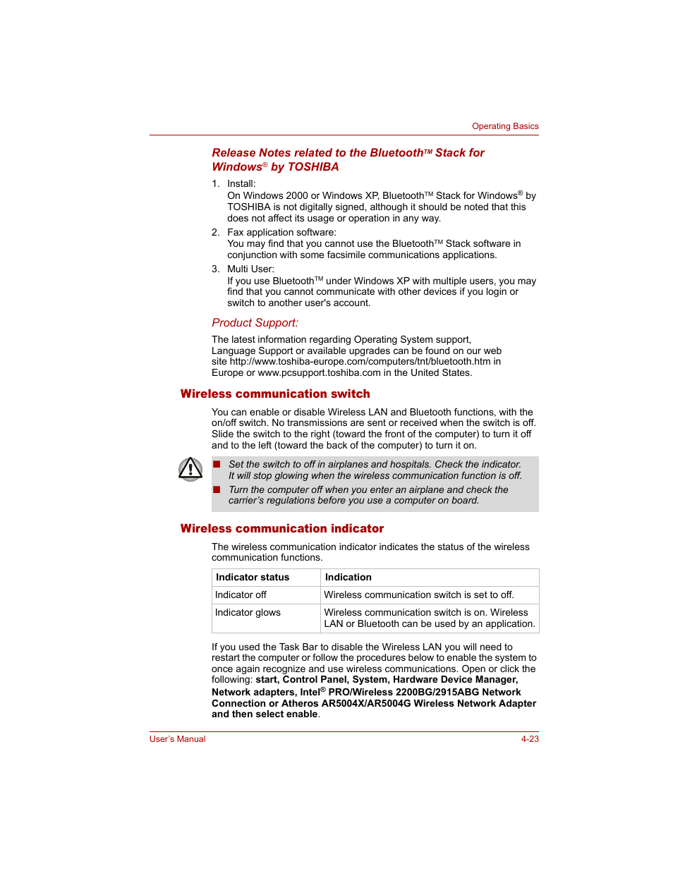 Wireless communication switch, Wireless communication indicator | Toshiba Qosmio G20 (PQG20) User Manual | Page 95 / 264