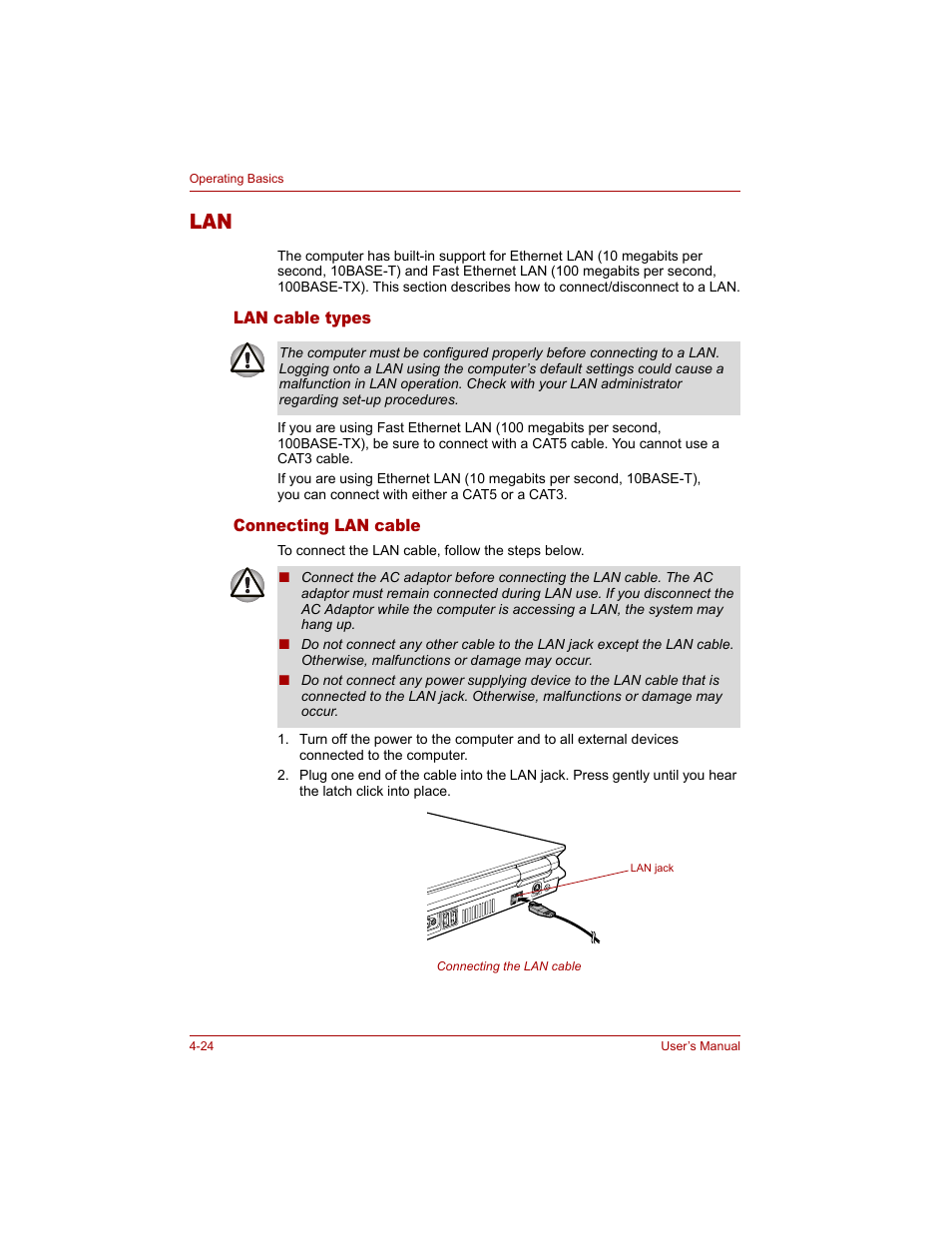 Lan cable types, Connecting lan cable, Lan -24 | Lan cable types -24 connecting lan cable -24 | Toshiba Qosmio G20 (PQG20) User Manual | Page 96 / 264