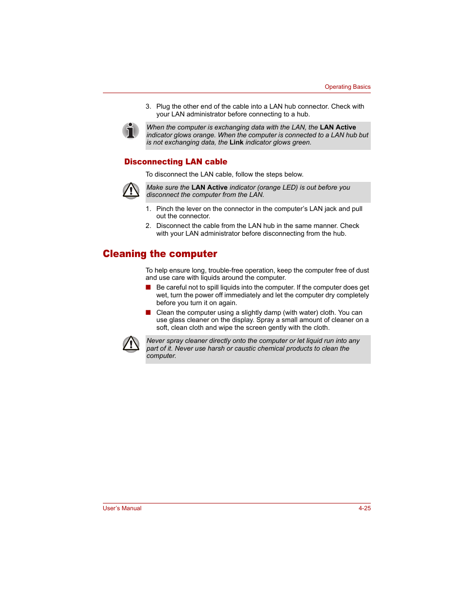 Disconnecting lan cable, Cleaning the computer, Disconnecting lan cable -25 | Cleaning the computer -25 | Toshiba Qosmio G20 (PQG20) User Manual | Page 97 / 264