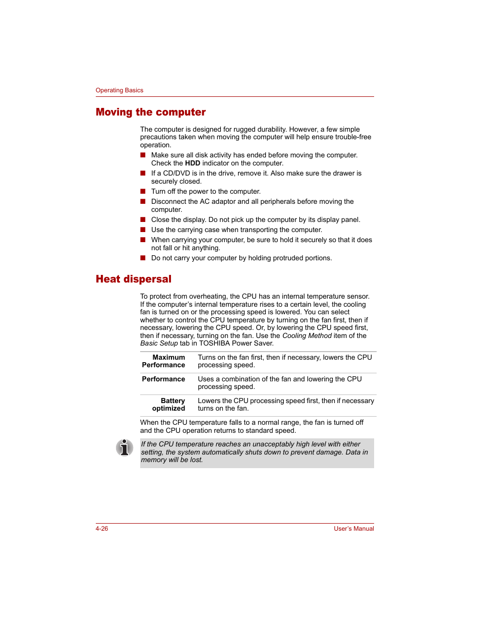 Moving the computer, Heat dispersal, Moving the computer -26 heat dispersal -26 | Toshiba Qosmio G20 (PQG20) User Manual | Page 98 / 264