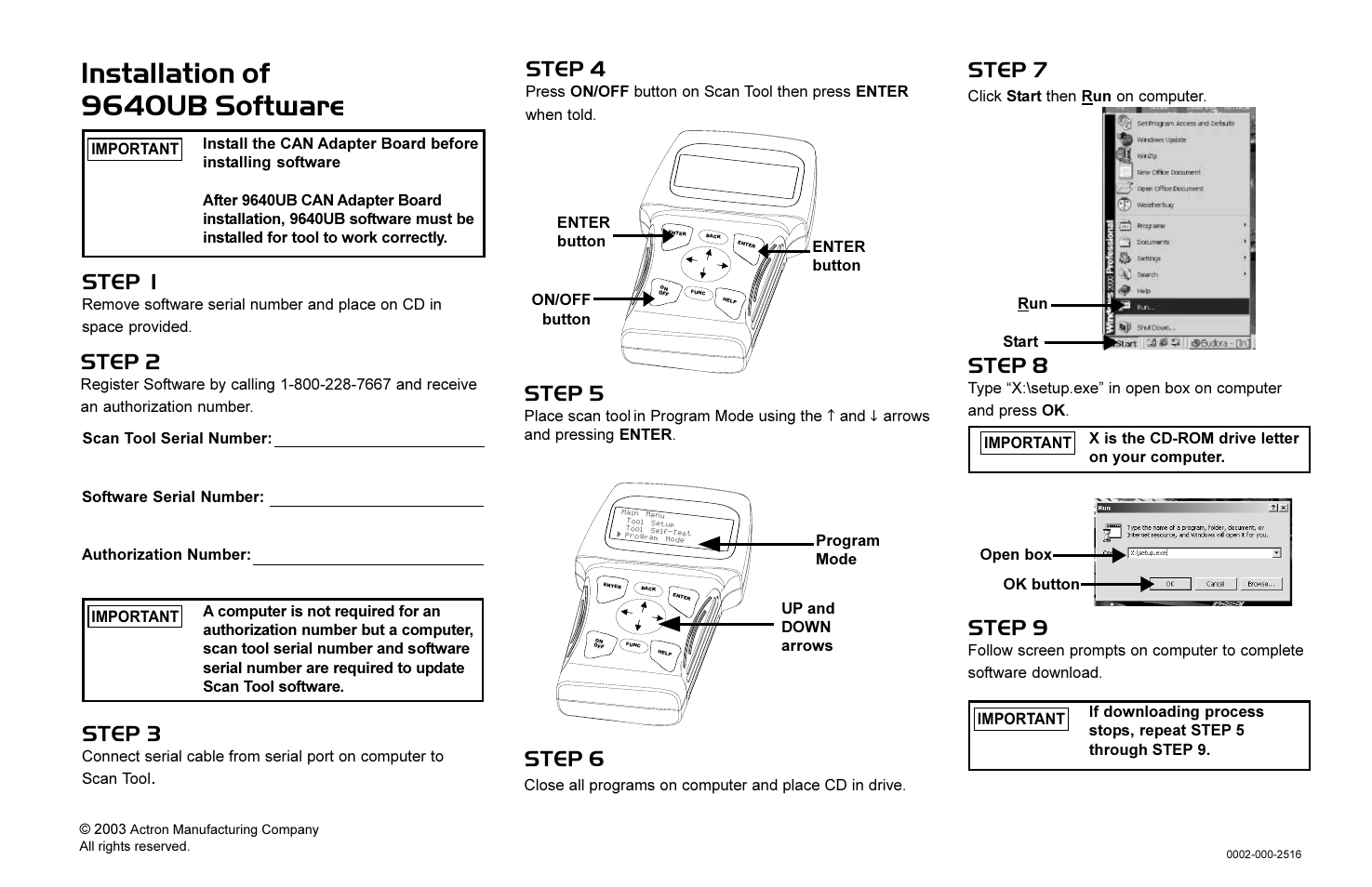 Installation of 9640ub software, Step 1, Step 2 | Step 3, Step 4, Step 6, Step 7, Step 8, Step 9, Step 5 | Actron 9640UB Upgrade User Manual | Page 2 / 2