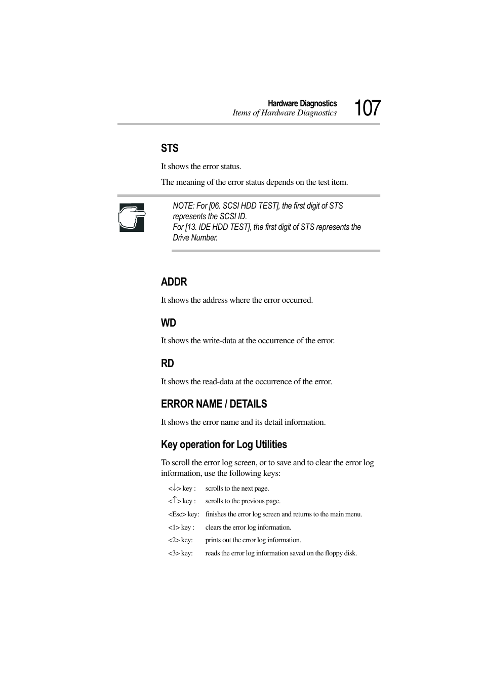 Addr, Error name / details, Key operation for log utilities | Toshiba Magnia 3310 User Manual | Page 111 / 132