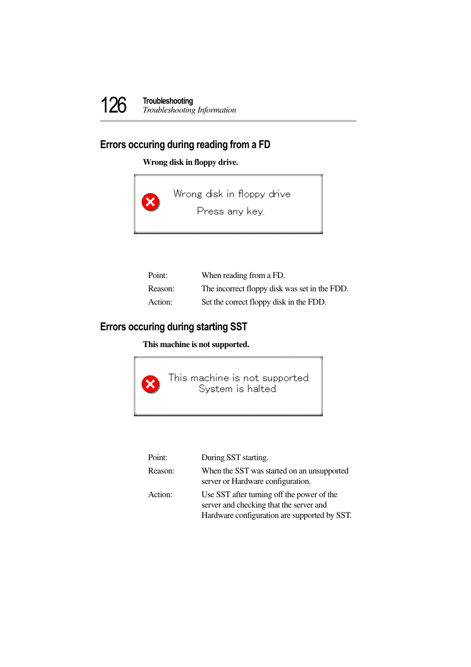 Errors occuring during reading from a fd, Errors occuring during starting sst | Toshiba Magnia 3310 User Manual | Page 130 / 132