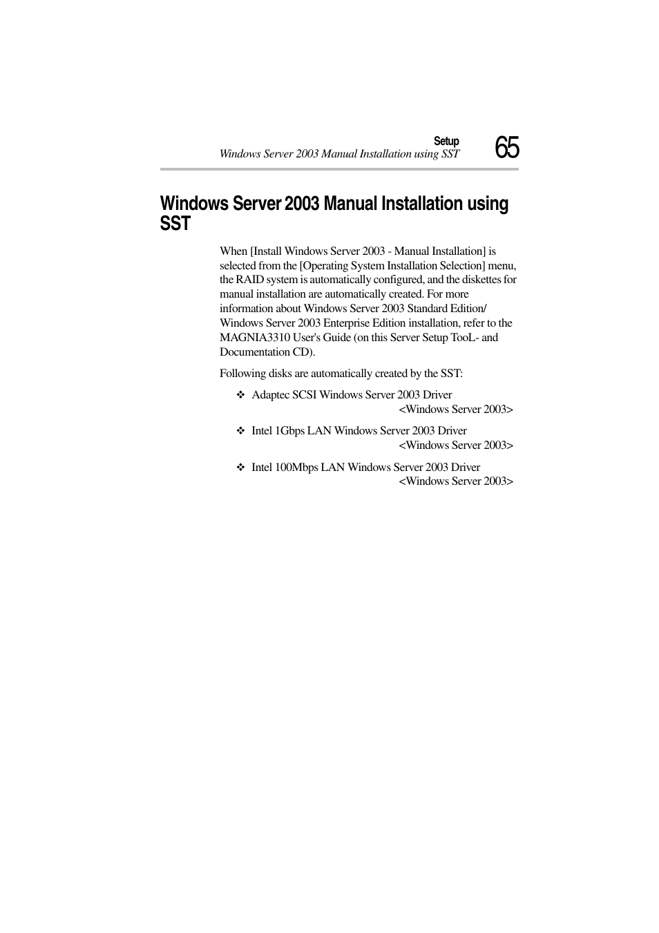 Windows server 2003 manual installation using sst, Windows server, 2003 manual installation using sst | Toshiba Magnia 3310 User Manual | Page 69 / 132