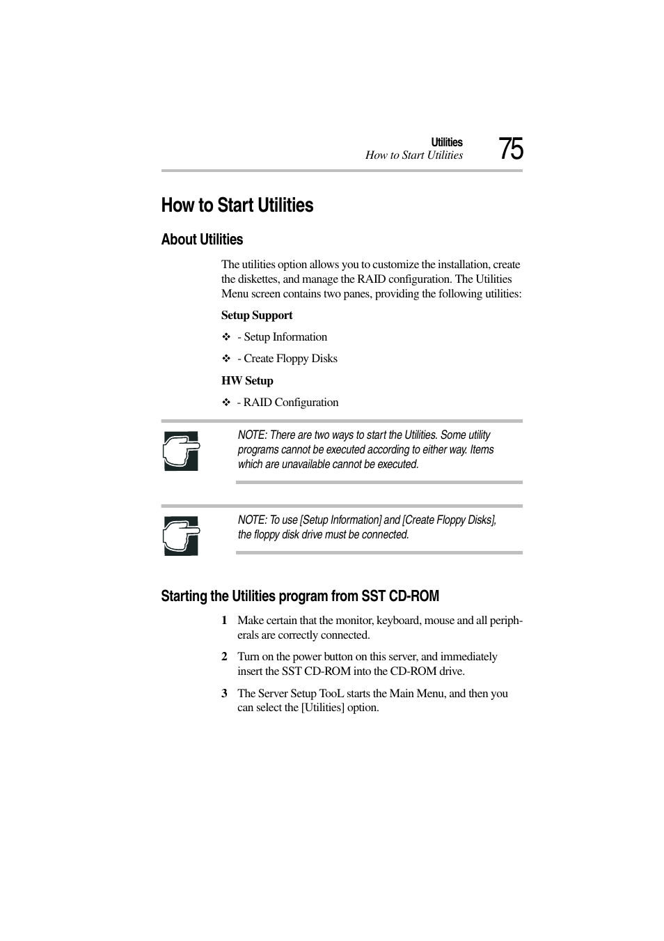 How to start utilities, About utilities, Starting the utilities program from sst cd-rom | Toshiba Magnia 3310 User Manual | Page 79 / 132