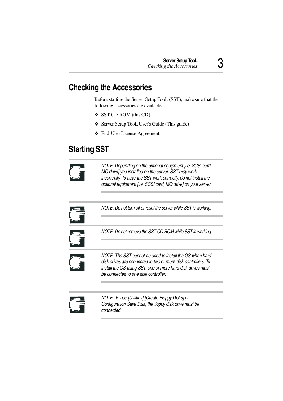 Checking the accessories, Starting sst, Checking the accessories starting sst | Toshiba Magnia 3310 User Manual | Page 8 / 132