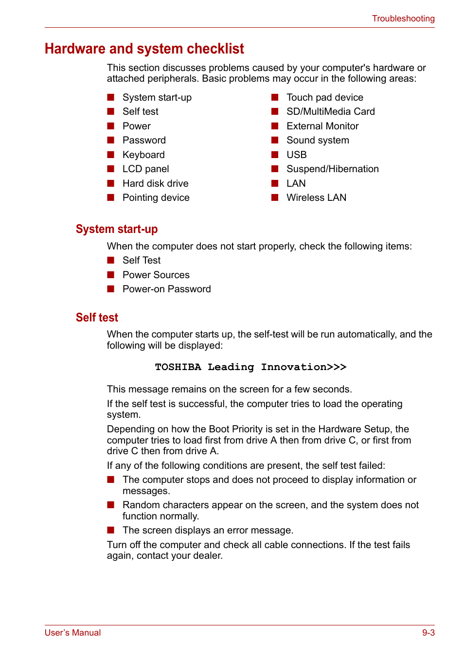 Hardware and system checklist, Hardware and system checklist -3, System start-up | Self test | Toshiba NB200 User Manual | Page 100 / 138