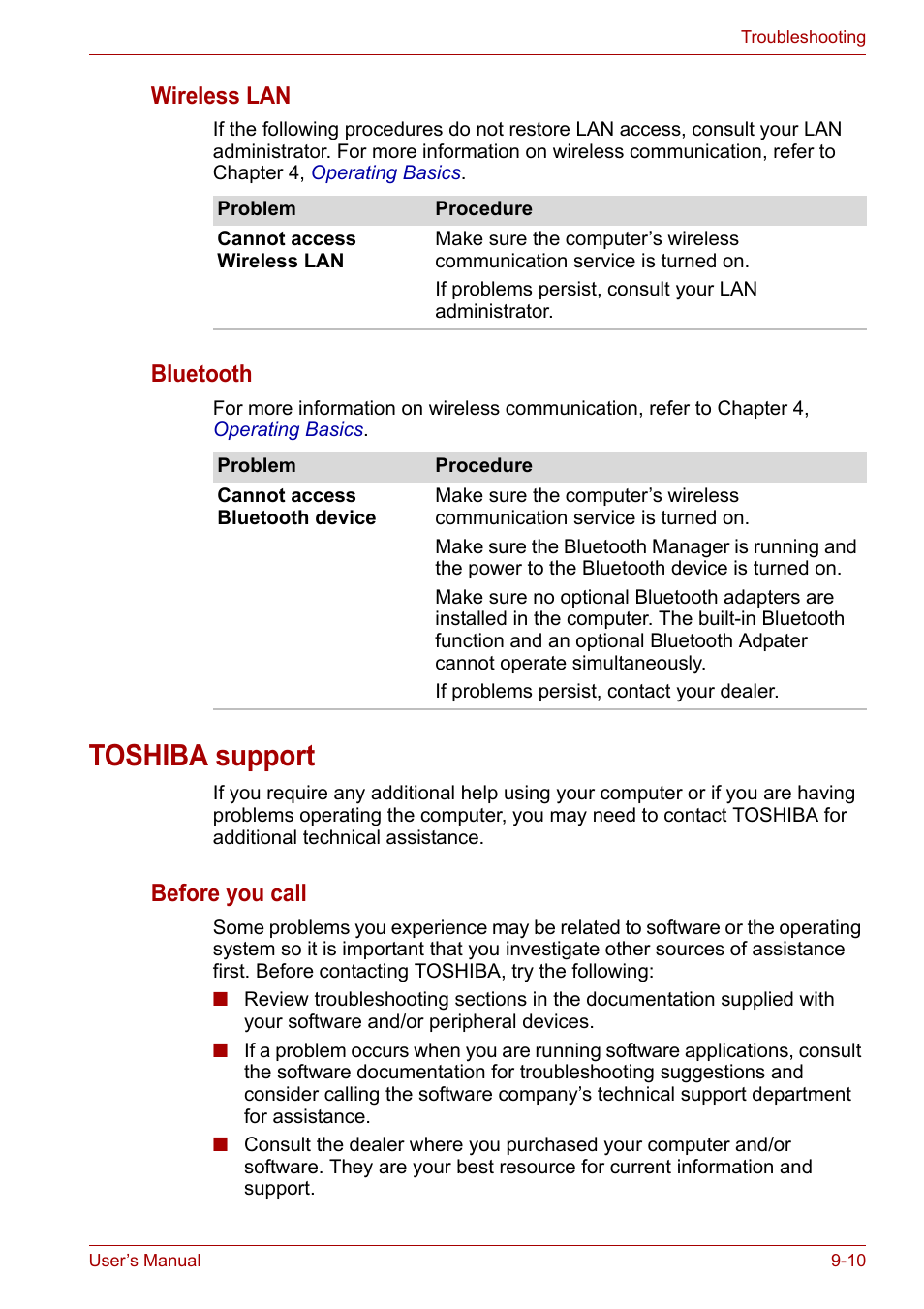 Toshiba support, Toshiba support -10, Wireless lan | Bluetooth, Before you call | Toshiba NB200 User Manual | Page 107 / 138