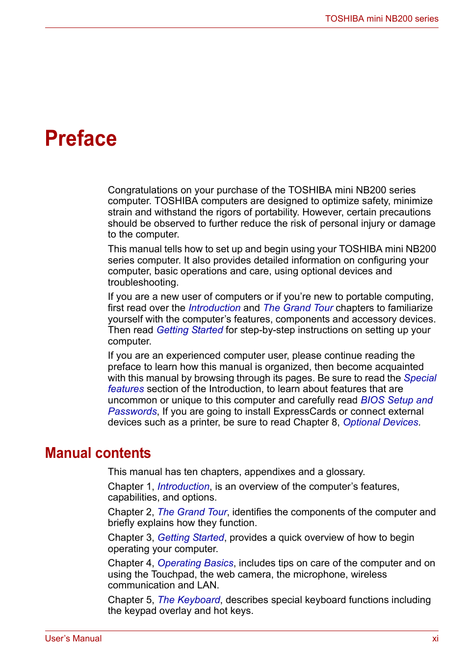 Preface, Manual contents | Toshiba NB200 User Manual | Page 11 / 138