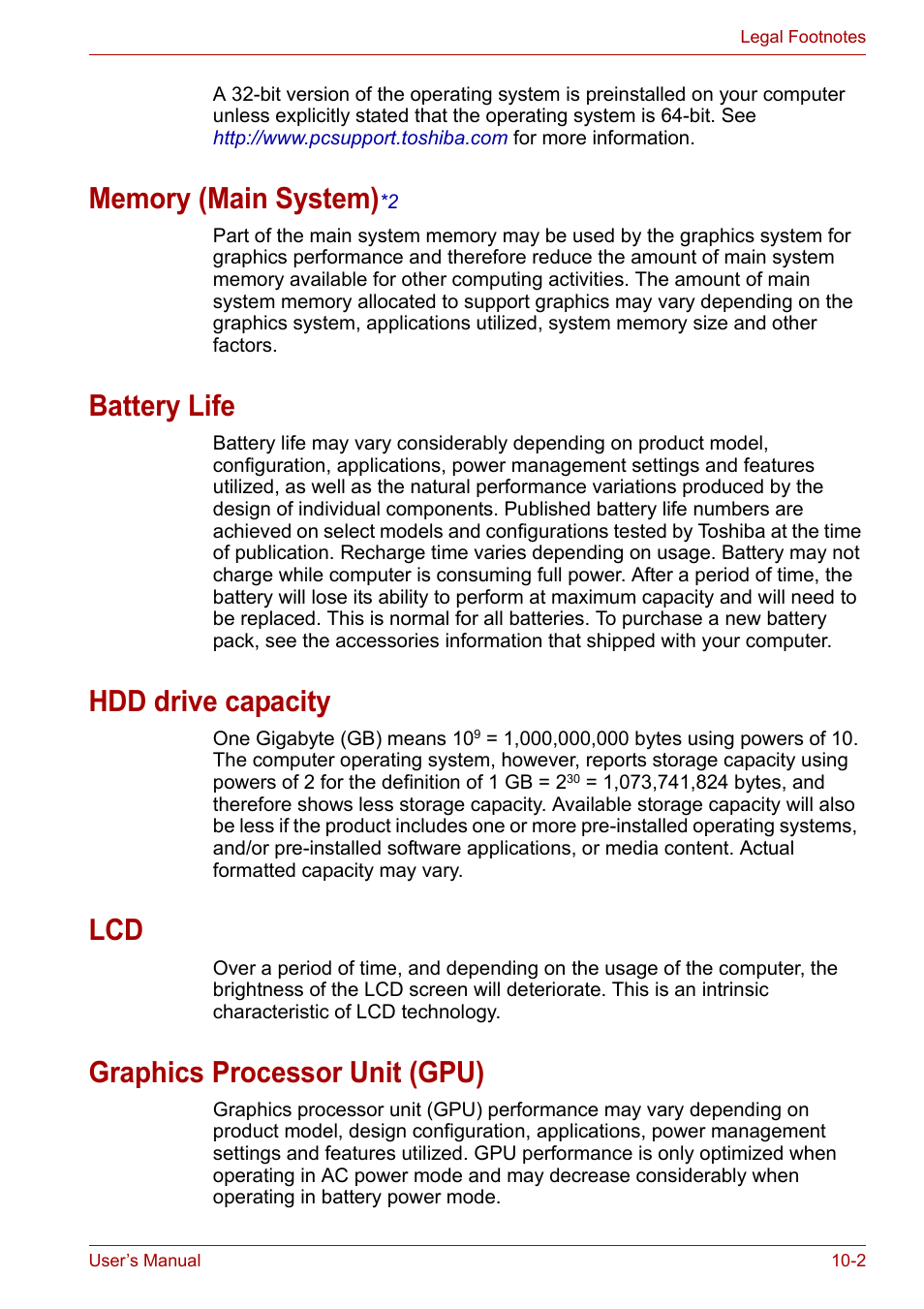 Memory (main system)*2, Battery life, Hdd drive capacity | Graphics processor unit (gpu), Memory (main system) | Toshiba NB200 User Manual | Page 110 / 138