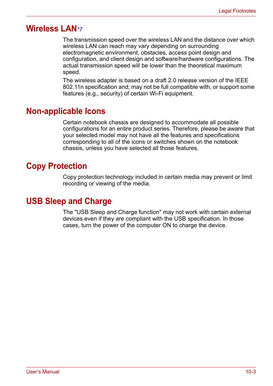 Wireless lan*7, Non-applicable icons, Copy protection | Usb sleep and charge, Wireless lan, Wi reless lan | Toshiba NB200 User Manual | Page 111 / 138