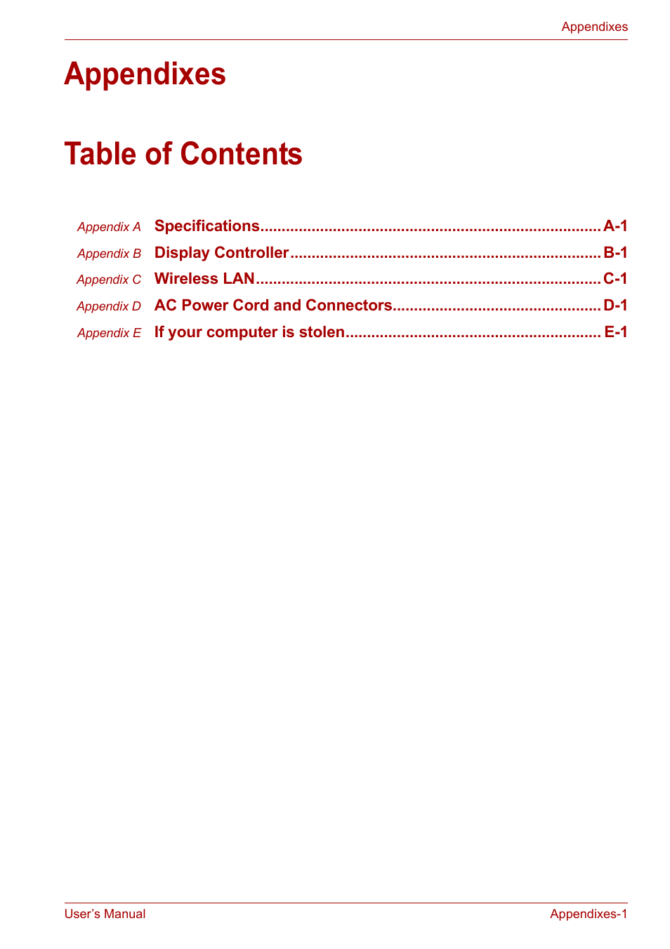 Appendixes, Appendixes table of contents | Toshiba NB200 User Manual | Page 112 / 138
