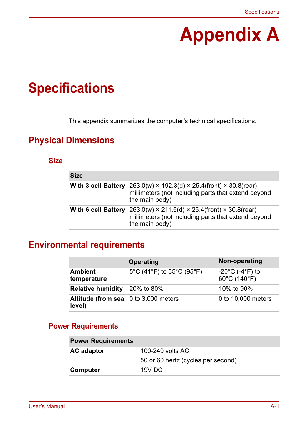 Appendix a: specifications, Appendix a, Specifications | Physical dimensions, Environmental requirements | Toshiba NB200 User Manual | Page 113 / 138