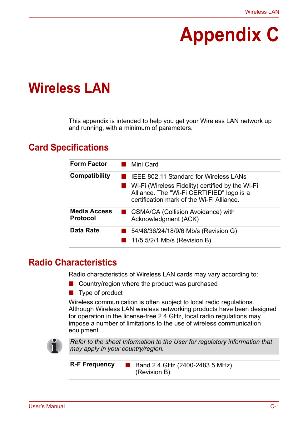 Appendix c: wireless lan, Appendix c, Wireless lan | Card specifications radio characteristics | Toshiba NB200 User Manual | Page 115 / 138