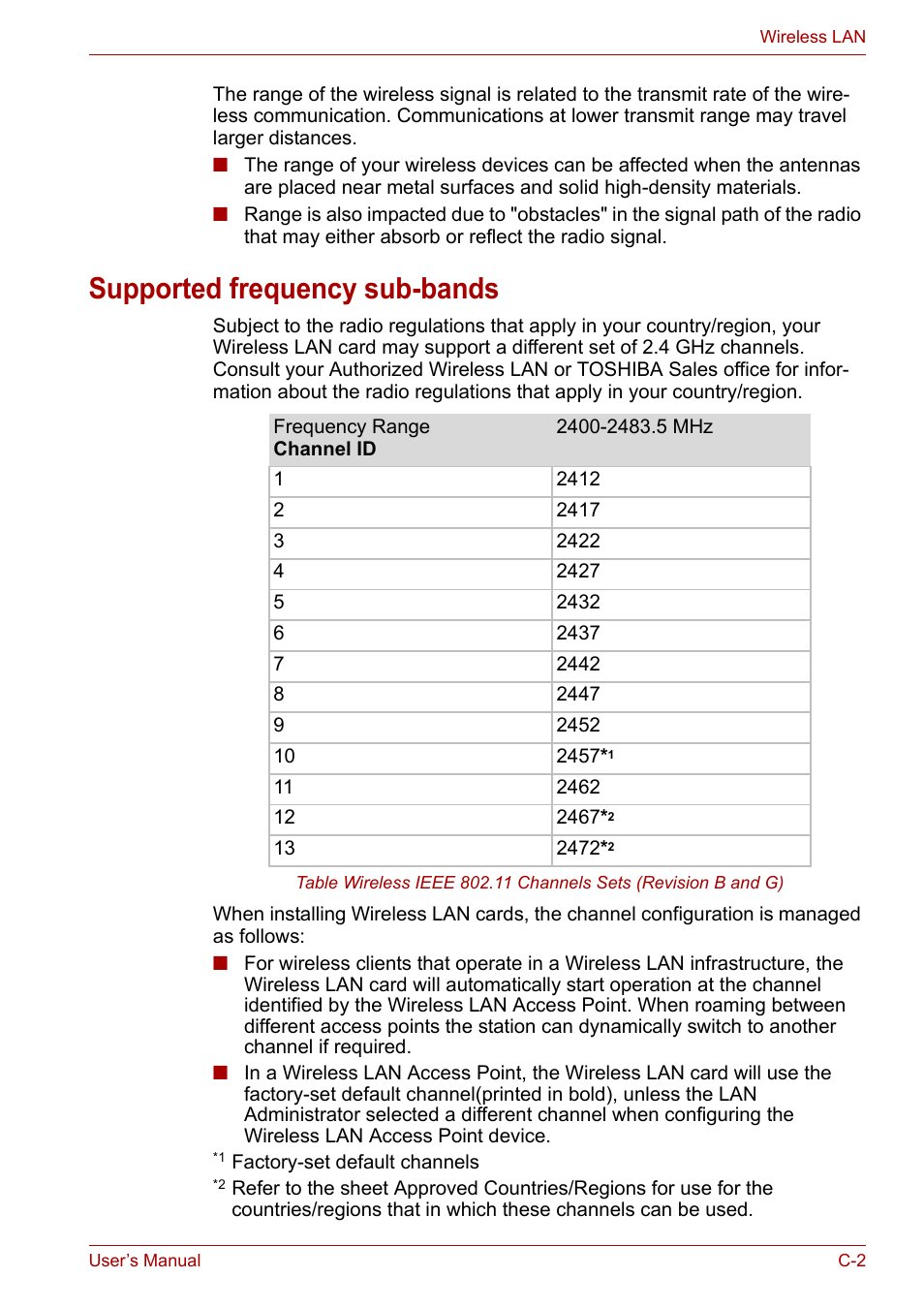 Supported frequency sub-bands | Toshiba NB200 User Manual | Page 116 / 138