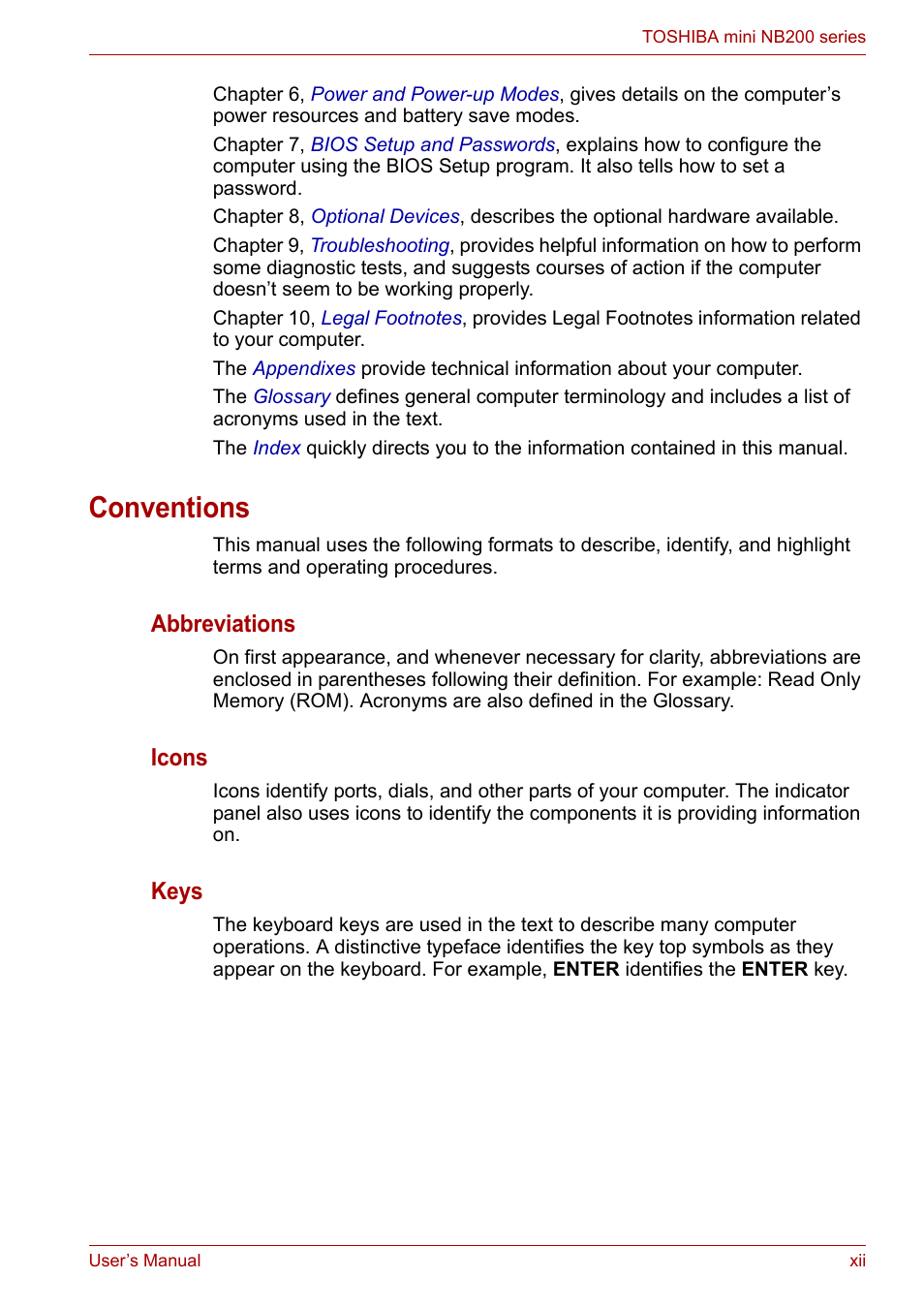 Conventions, Abbreviations, Icons | Keys | Toshiba NB200 User Manual | Page 12 / 138