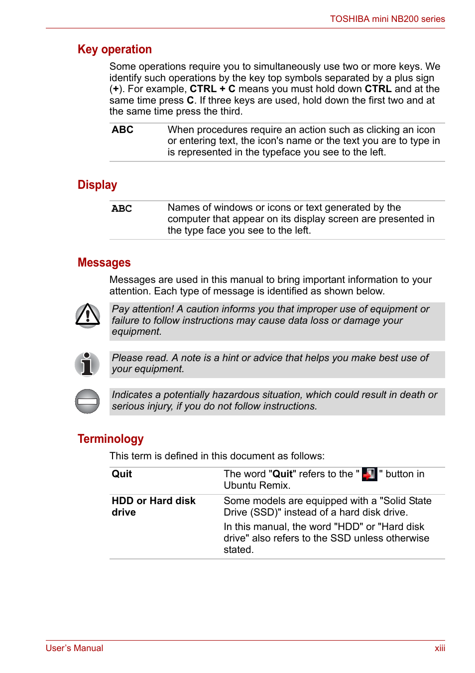 Key operation, Display messages, Terminology | Toshiba NB200 User Manual | Page 13 / 138