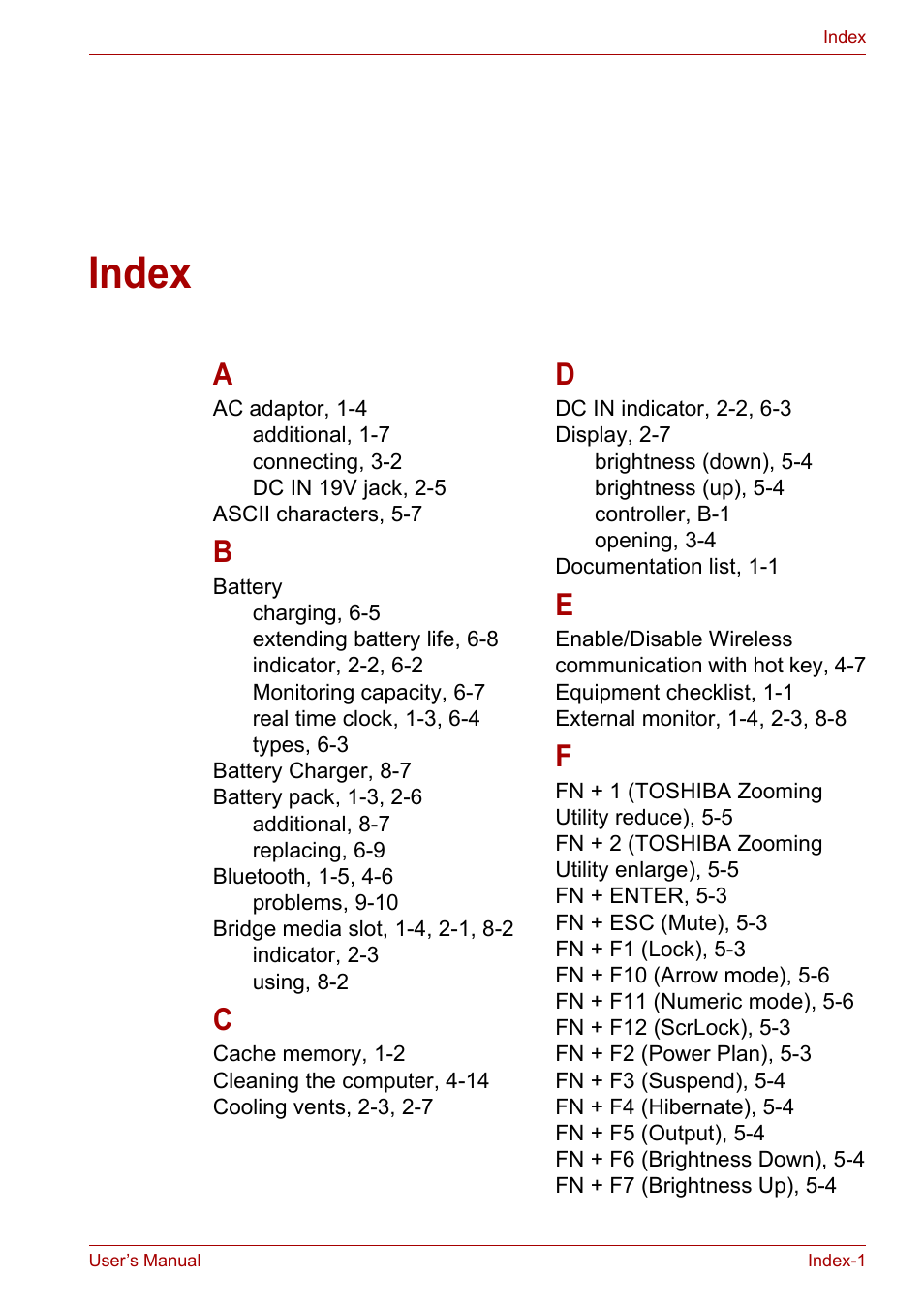 Index | Toshiba NB200 User Manual | Page 136 / 138