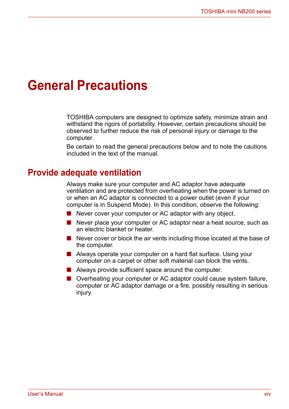 General precautions, Provide adequate ventilation | Toshiba NB200 User Manual | Page 14 / 138