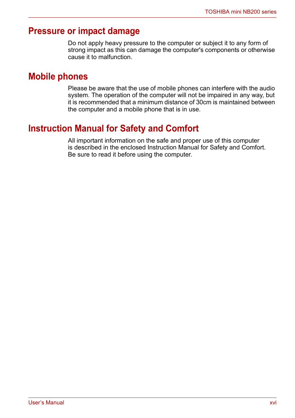 Pressure or impact damage, Mobile phones, Instruction manual for safety and comfort | Toshiba NB200 User Manual | Page 16 / 138