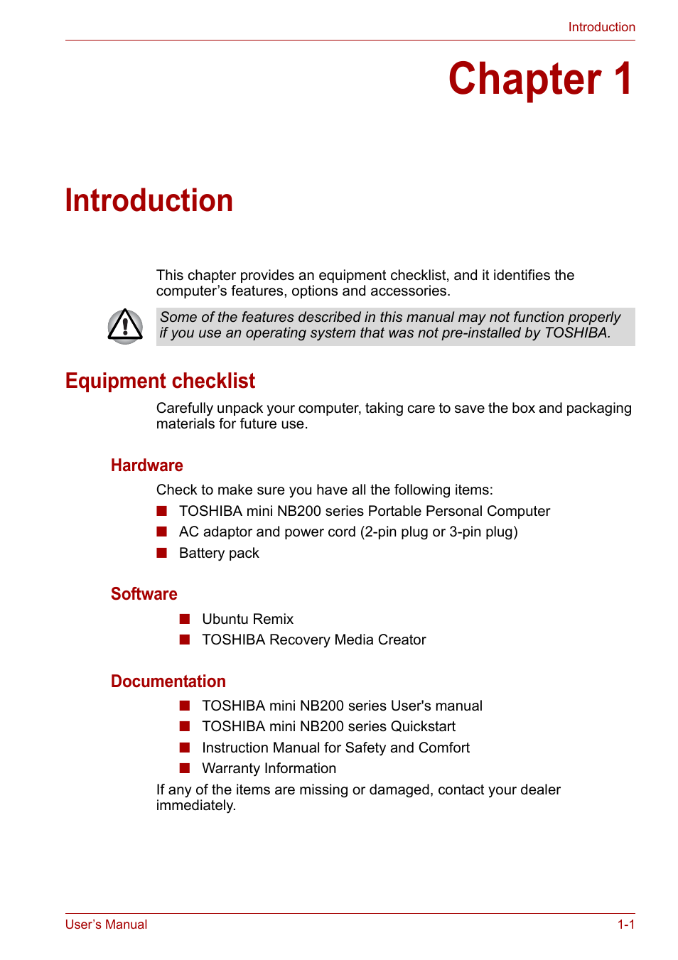 Chapter 1: introduction, Equipment checklist, Chapter 1 | Introduction, Equipment checklist -1 | Toshiba NB200 User Manual | Page 17 / 138