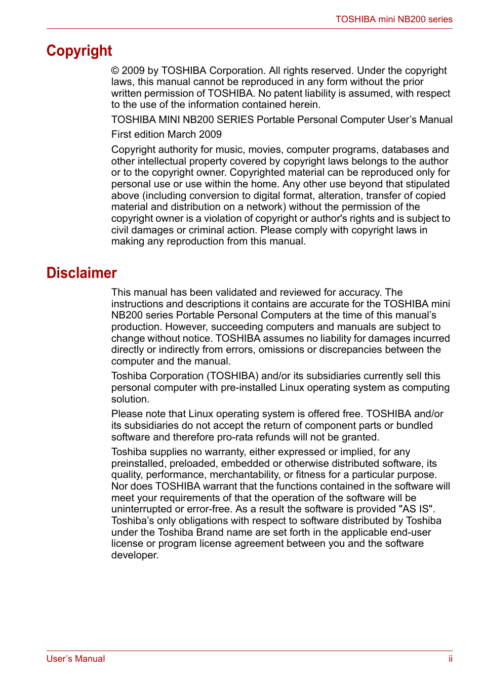 Copyright, Disclaimer | Toshiba NB200 User Manual | Page 2 / 138