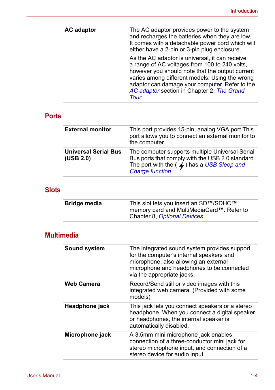 Ports slots multimedia | Toshiba NB200 User Manual | Page 20 / 138