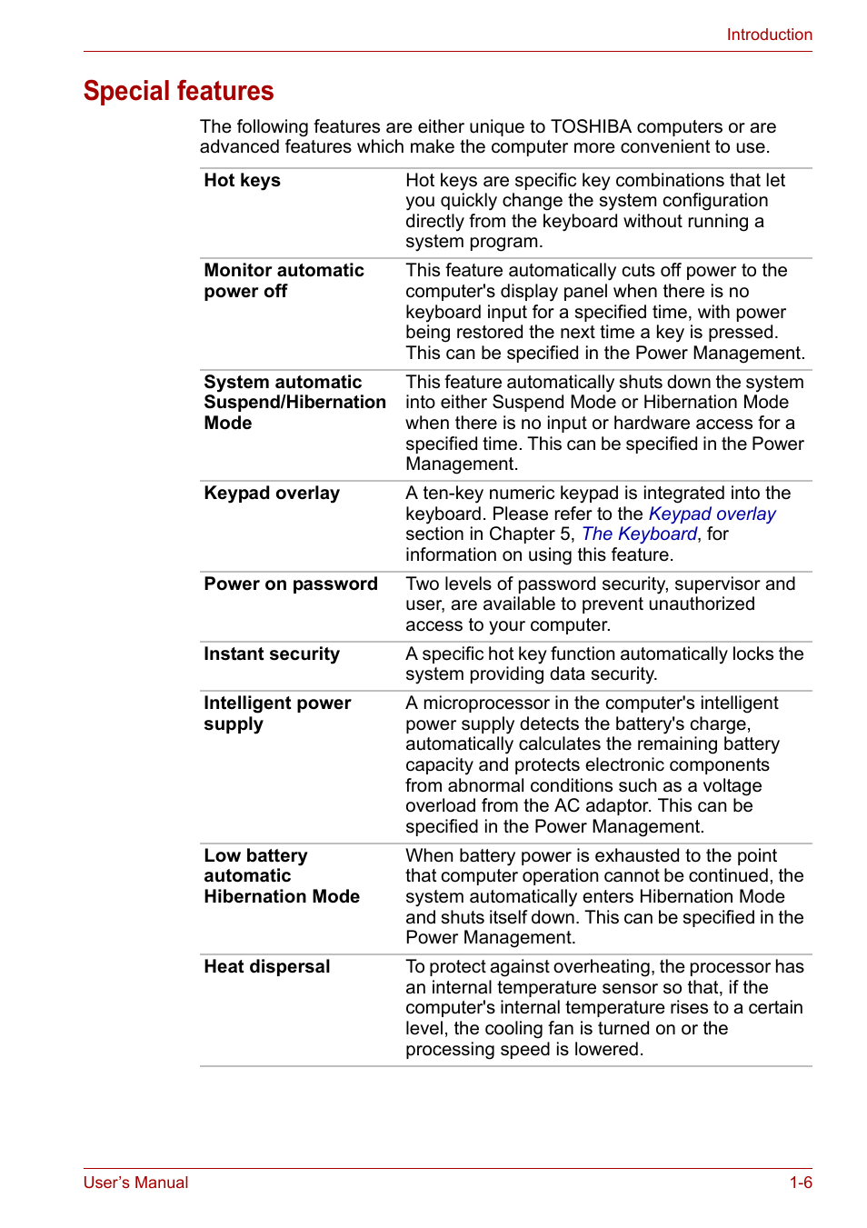 Special features, Special features -6, Special | Features, Section of the | Toshiba NB200 User Manual | Page 22 / 138