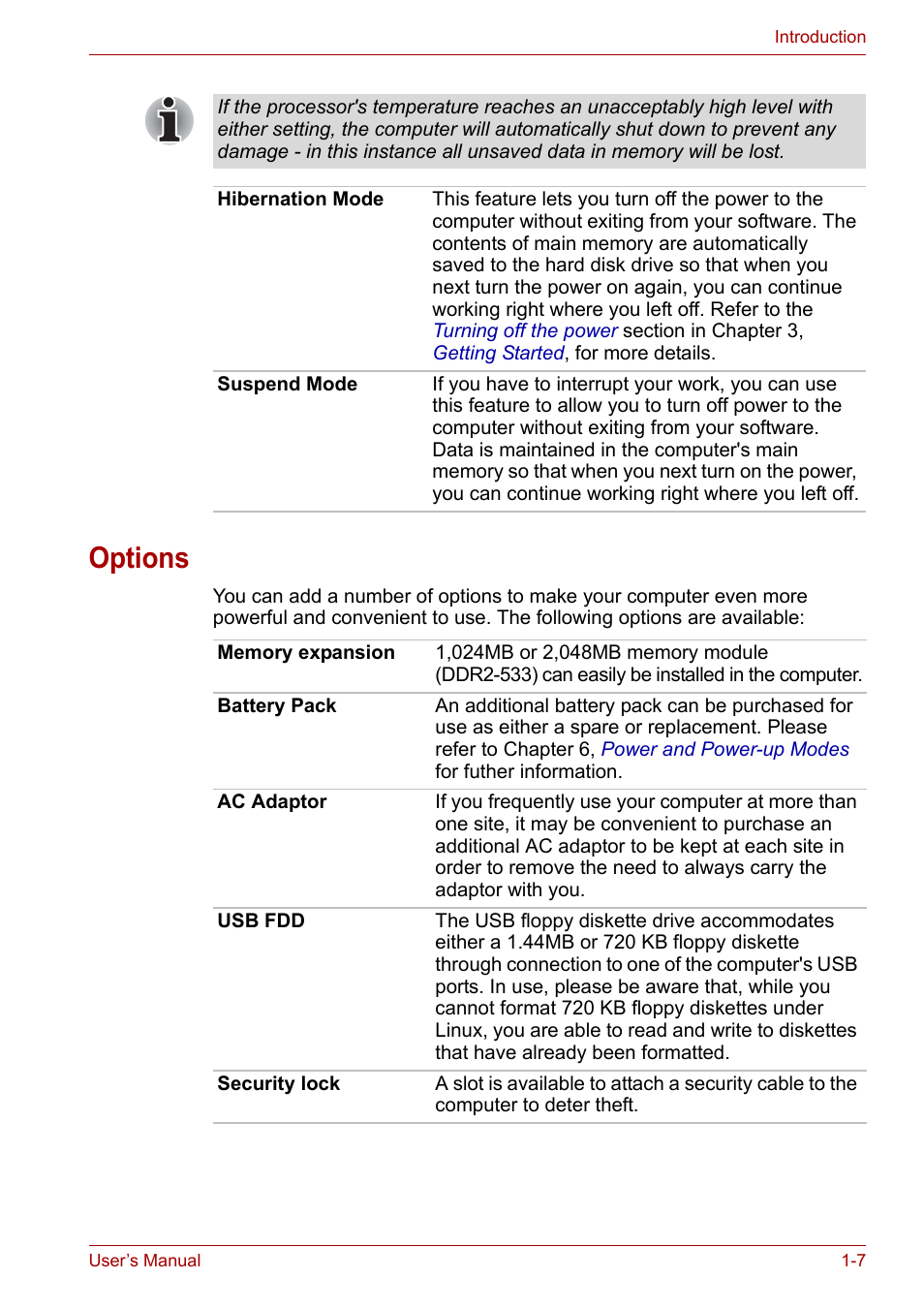 Options, Options -7 | Toshiba NB200 User Manual | Page 23 / 138