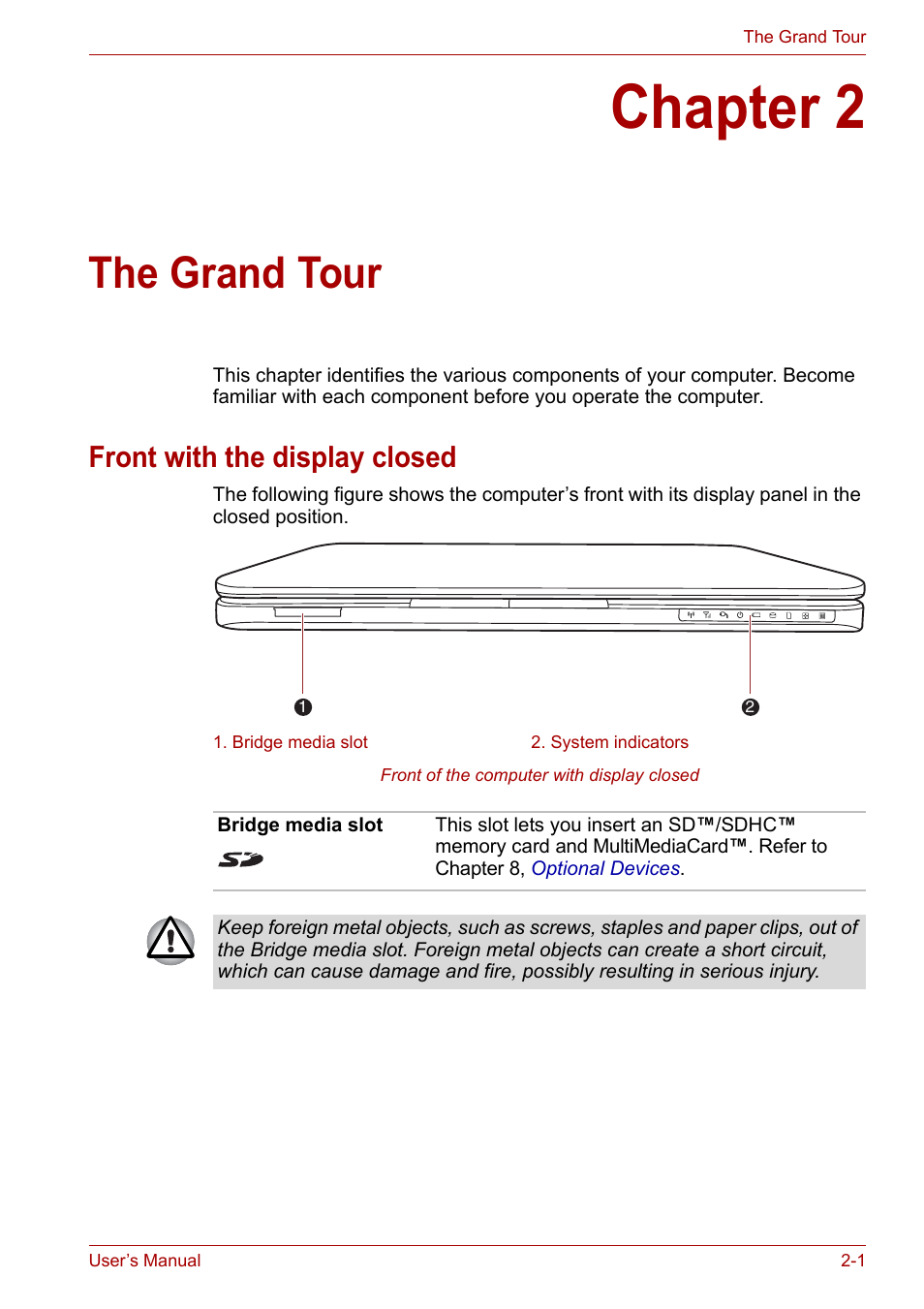 Chapter 2: the grand tour, Front with the display closed, Chapter 2 | The grand tour, Front with the display closed -1, Ter 2, Apter 2, The grand, Tour | Toshiba NB200 User Manual | Page 24 / 138