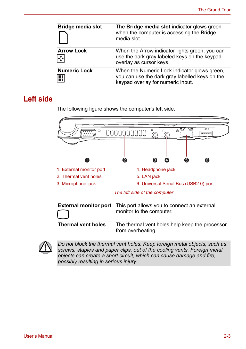 Left side, Left side -3 | Toshiba NB200 User Manual | Page 26 / 138