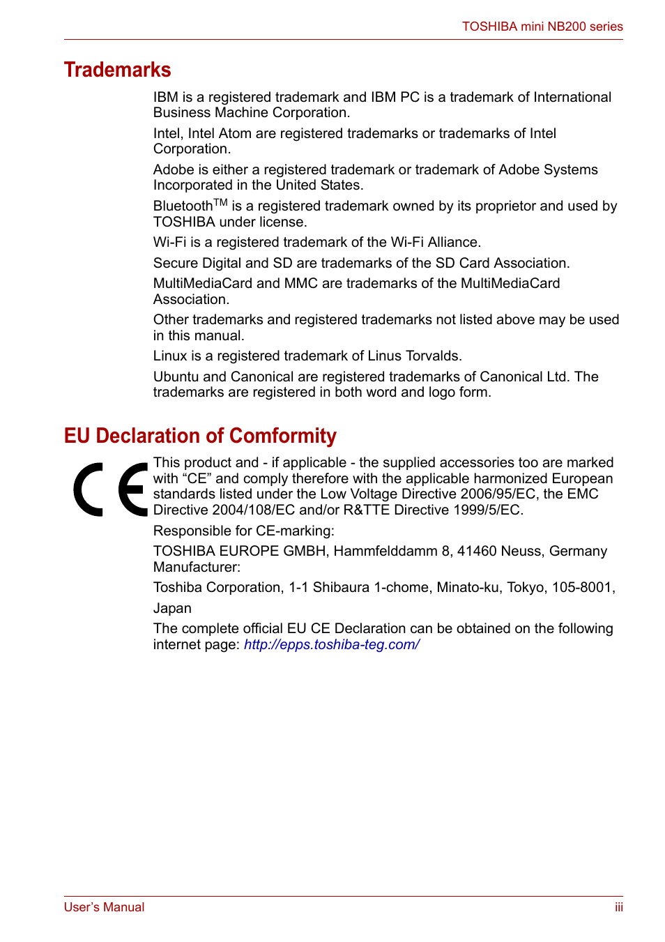 Trademarks, Eu declaration of comformity | Toshiba NB200 User Manual | Page 3 / 138