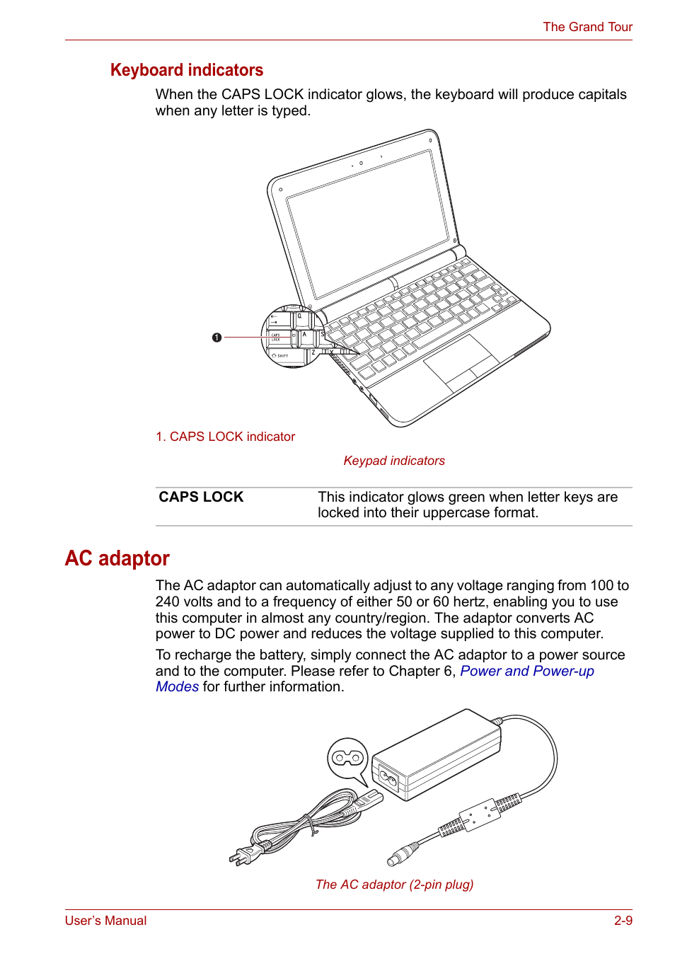 Ac adaptor, Ac adaptor -9, Keyboard indicators | Toshiba NB200 User Manual | Page 32 / 138