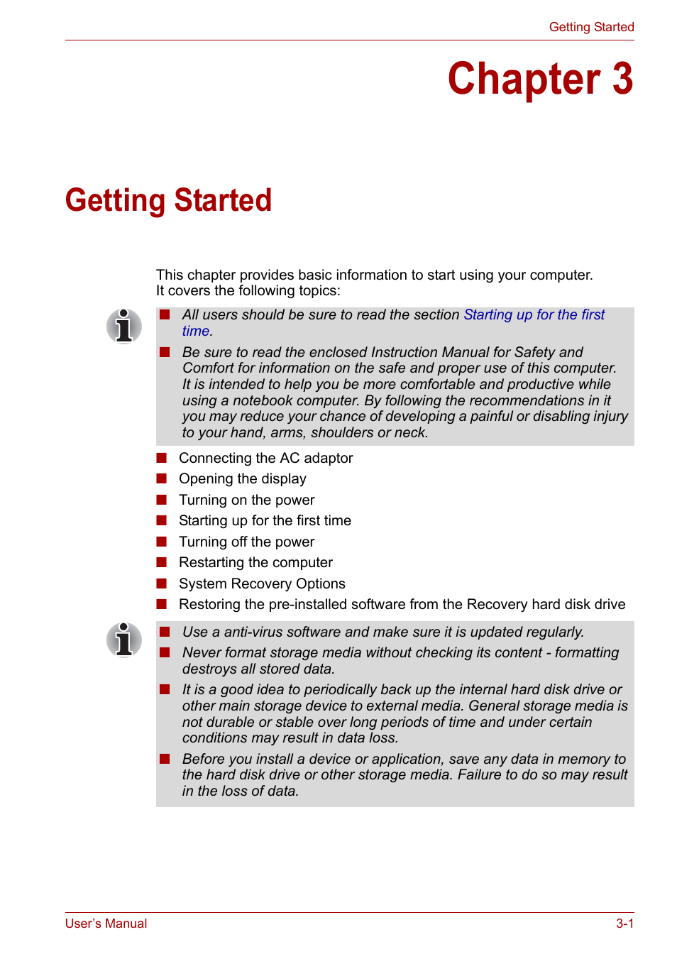 Chapter 3: getting started, Chapter 3, Getting started | Provi | Toshiba NB200 User Manual | Page 34 / 138