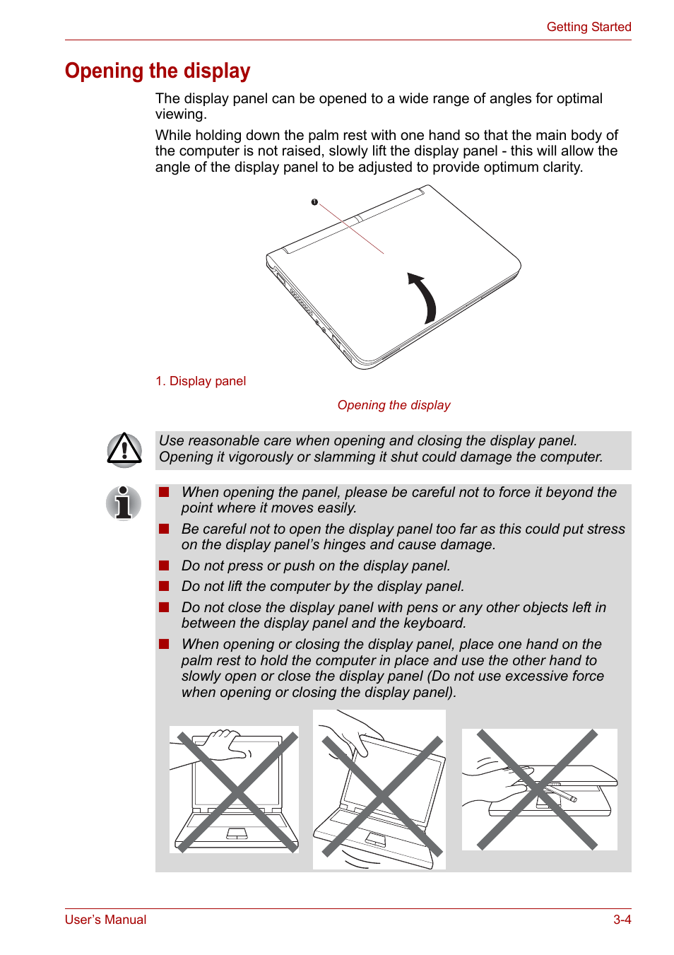 Opening the display, Opening the display -4 | Toshiba NB200 User Manual | Page 37 / 138