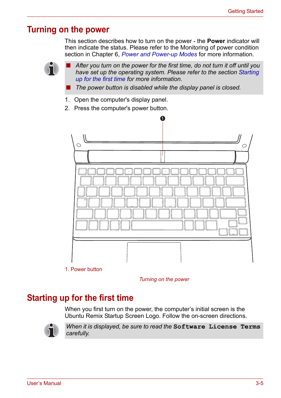 Turning on the power, Starting up for the first time | Toshiba NB200 User Manual | Page 38 / 138