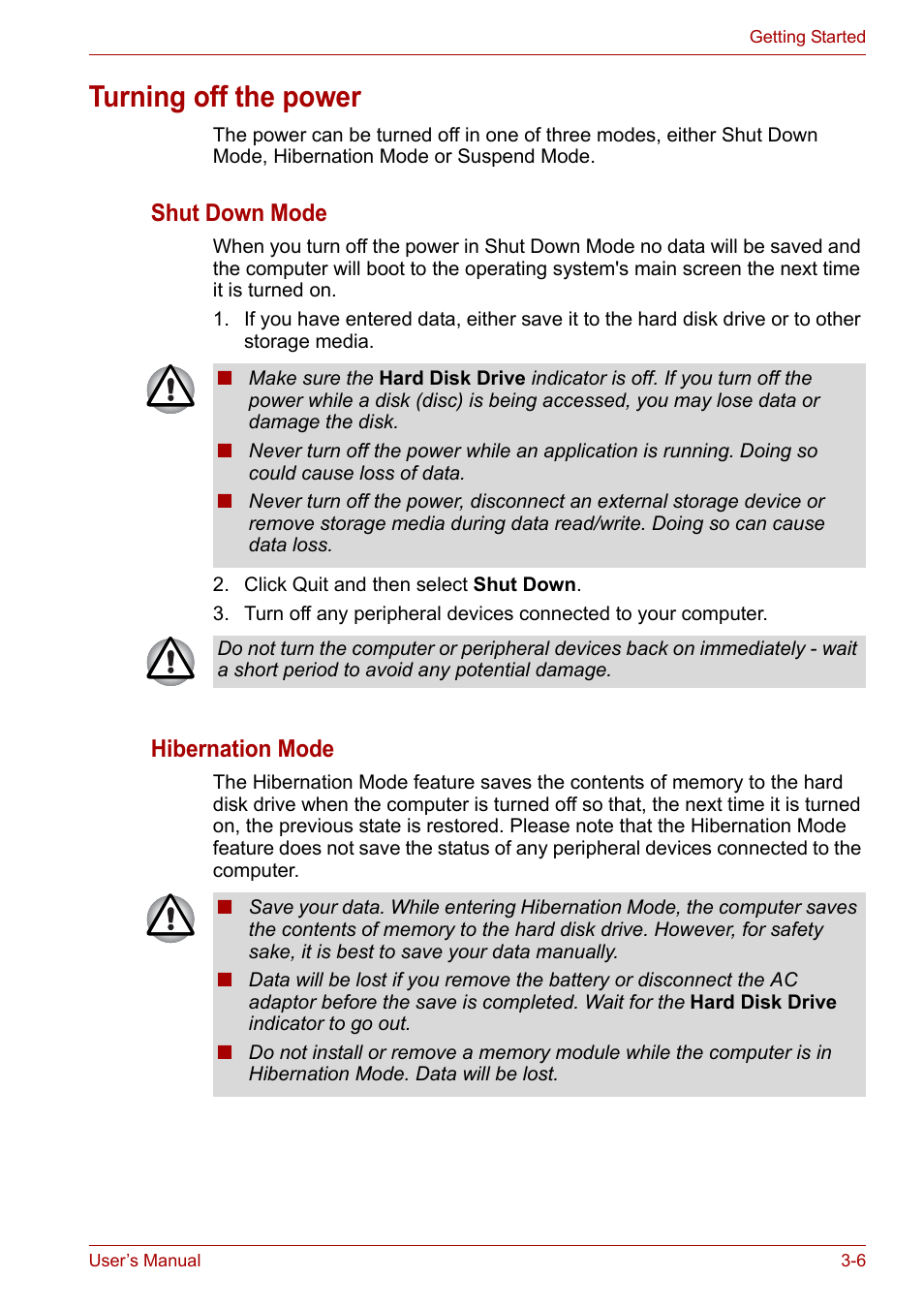 Turning off the power, Turning off the power -6, Shut down mode | Hibernation mode | Toshiba NB200 User Manual | Page 39 / 138