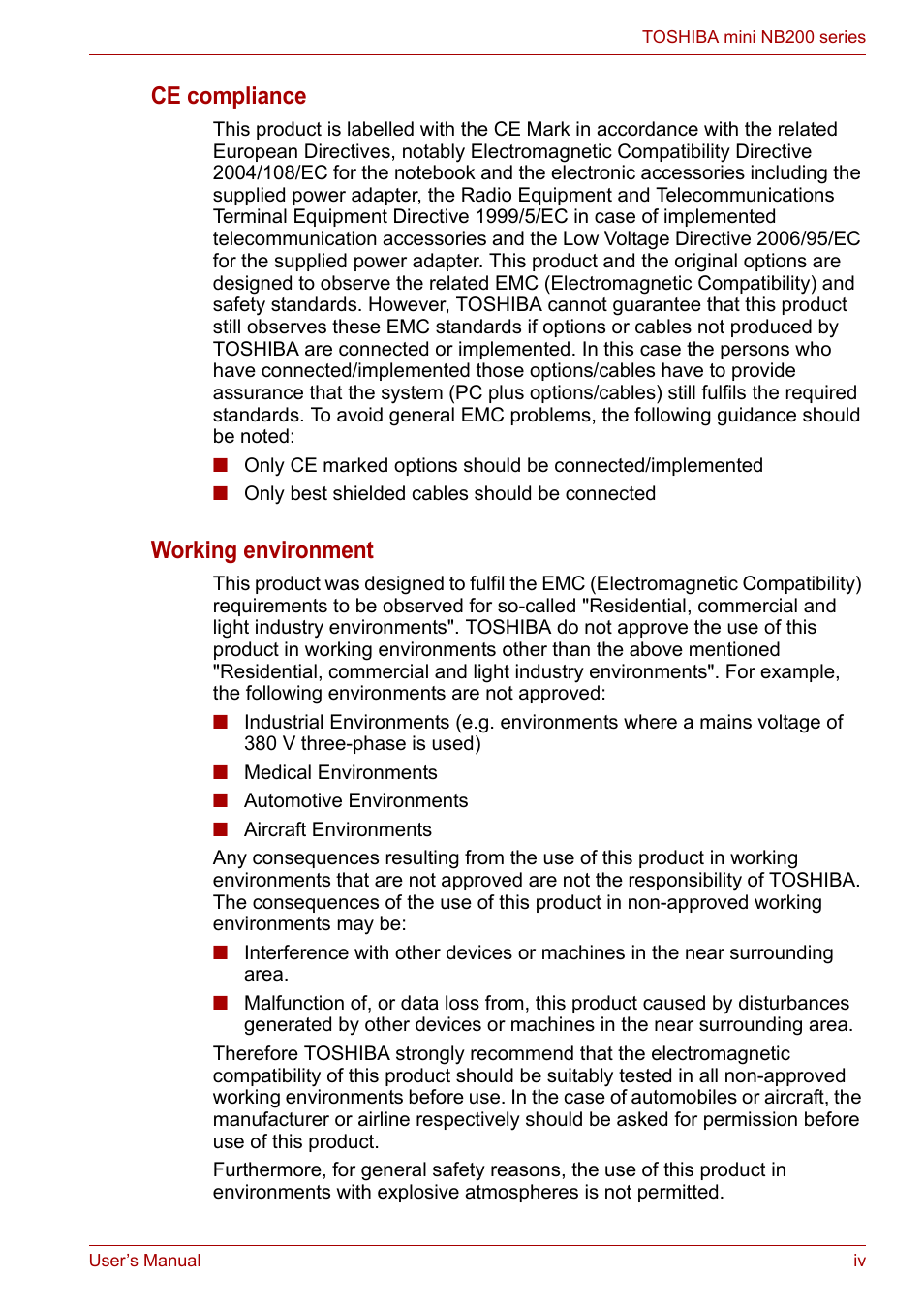 Ce compliance, Working environment | Toshiba NB200 User Manual | Page 4 / 138