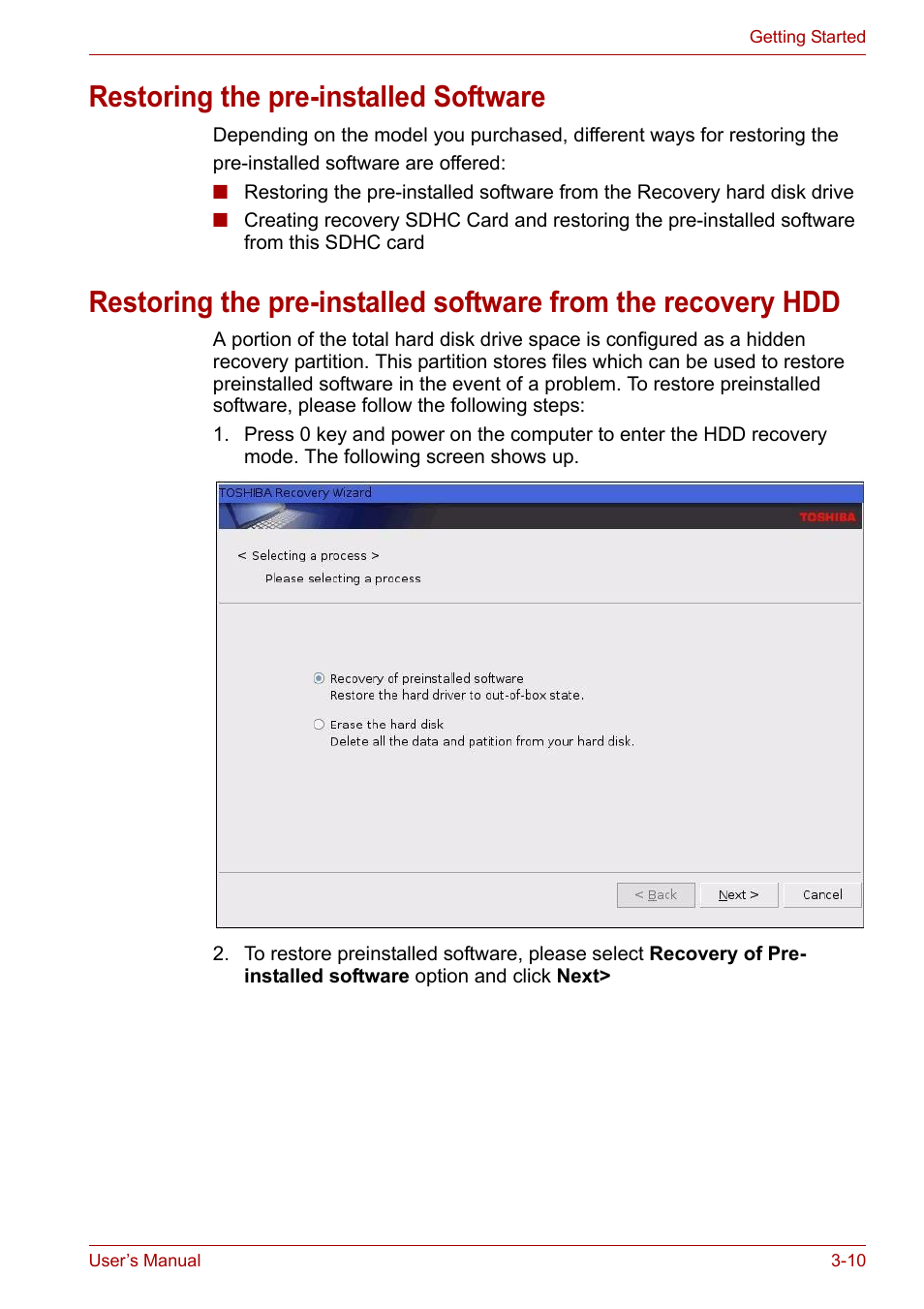 Restoring the pre-installed software | Toshiba NB200 User Manual | Page 43 / 138