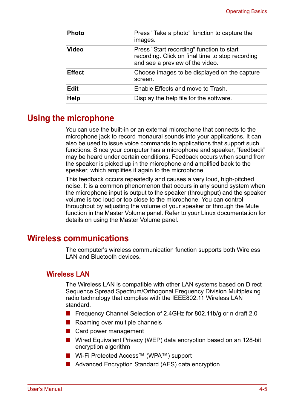 Using the microphone, Wireless communications, Using the microphone -5 wireless communications -5 | Wireless lan | Toshiba NB200 User Manual | Page 54 / 138