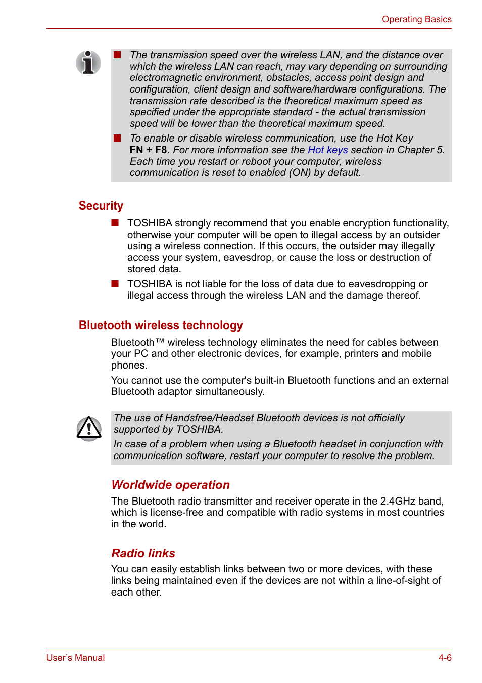 Security, Bluetooth wireless technology | Toshiba NB200 User Manual | Page 55 / 138