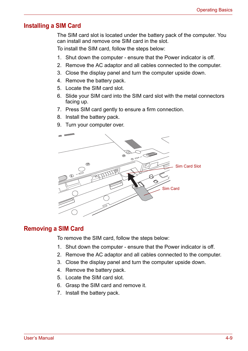 Installing a sim card, Removing a sim card | Toshiba NB200 User Manual | Page 58 / 138