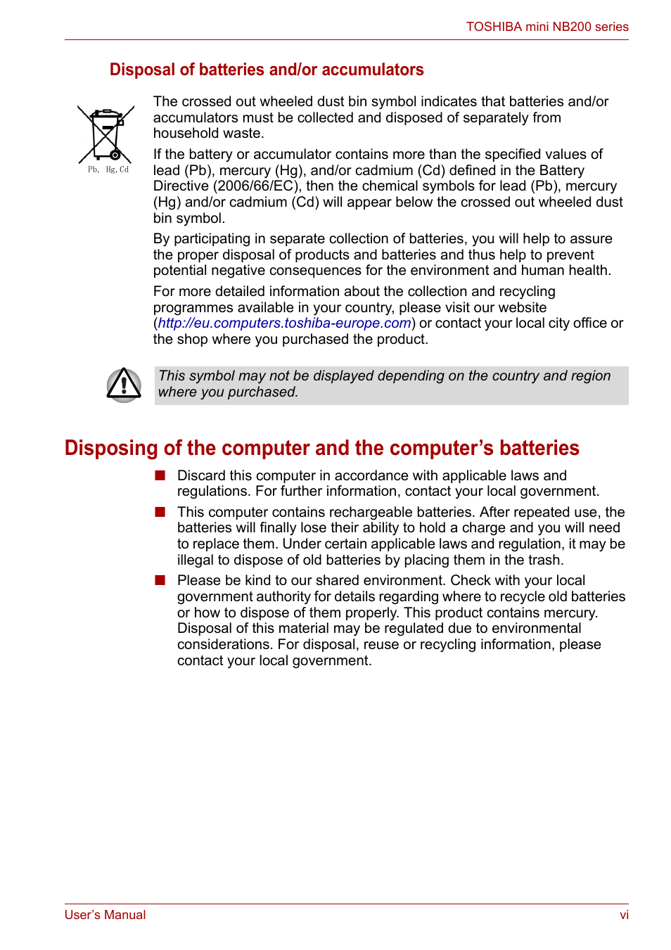 Disposal of batteries and/or accumulators | Toshiba NB200 User Manual | Page 6 / 138