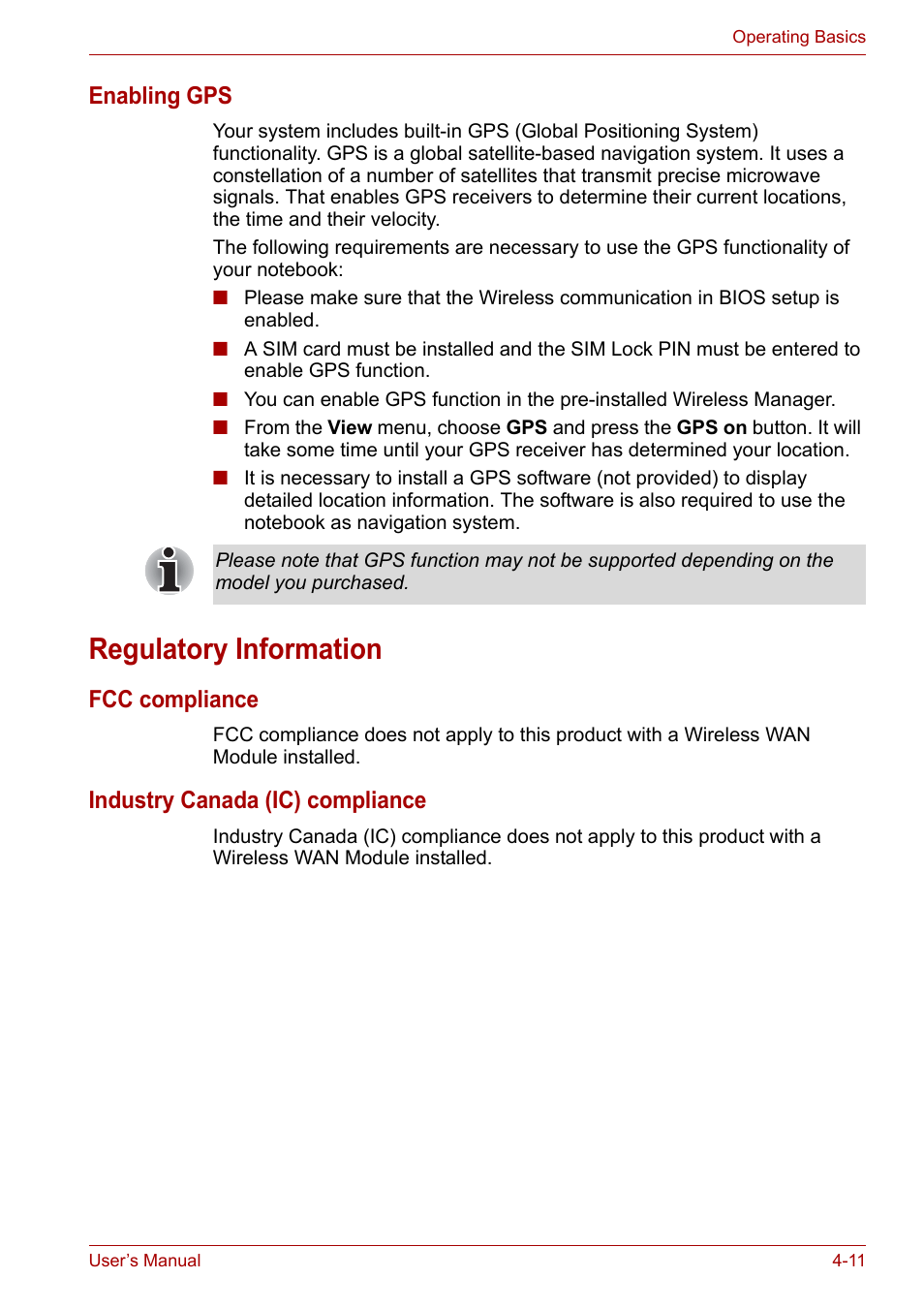 Regulatory information, Enabling gps, Fcc compliance | Industry canada (ic) compliance | Toshiba NB200 User Manual | Page 60 / 138