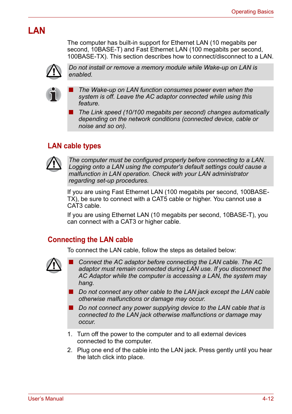 Lan -12, Lan cable types, Connecting the lan cable | Toshiba NB200 User Manual | Page 61 / 138