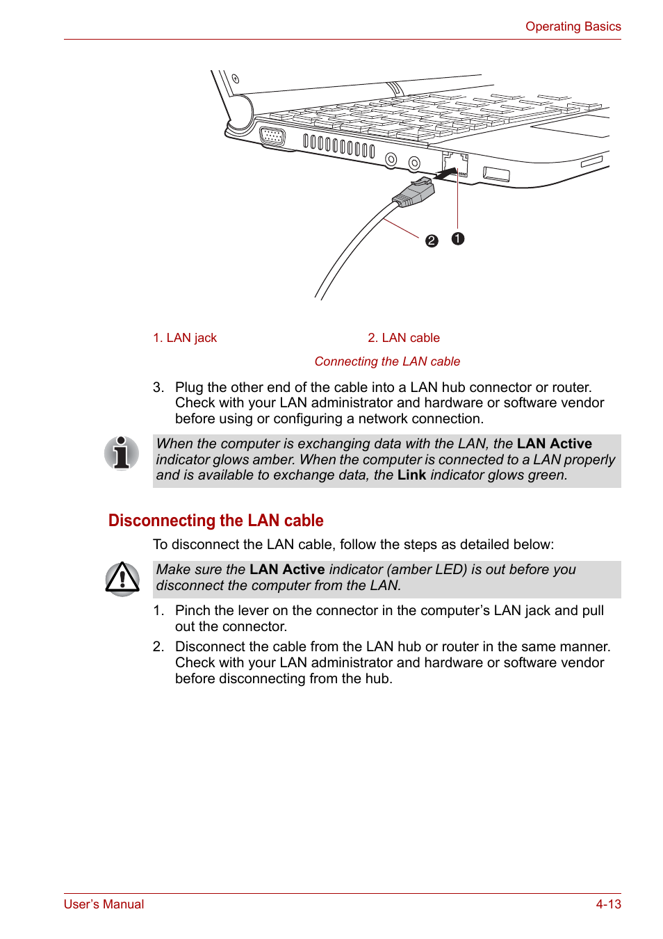 Disconnecting the lan cable | Toshiba NB200 User Manual | Page 62 / 138