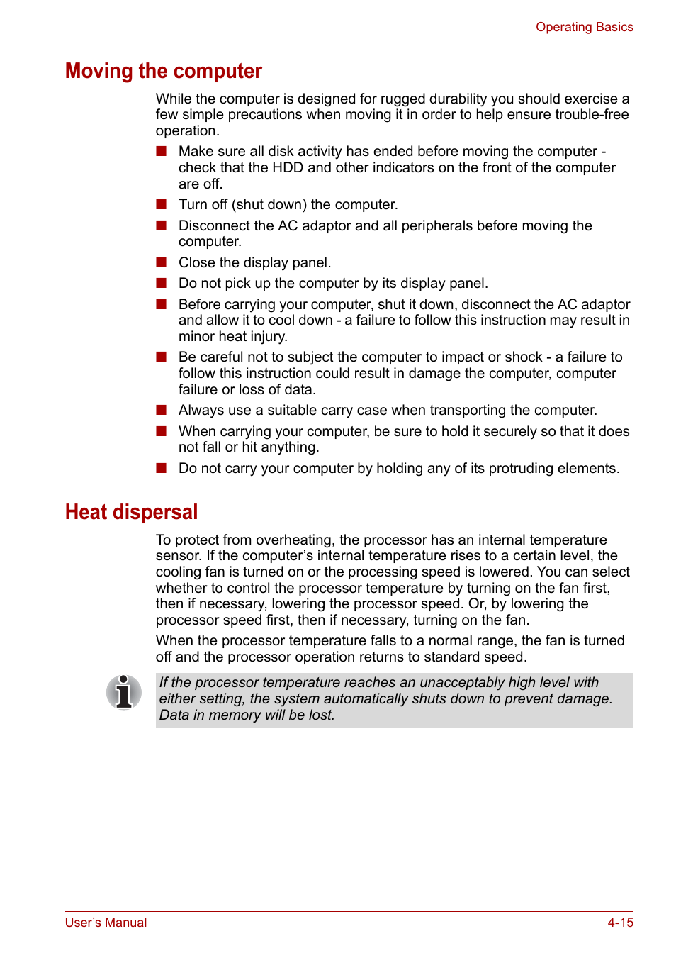 Moving the computer, Heat dispersal, Moving the computer -15 heat dispersal -15 | Toshiba NB200 User Manual | Page 64 / 138