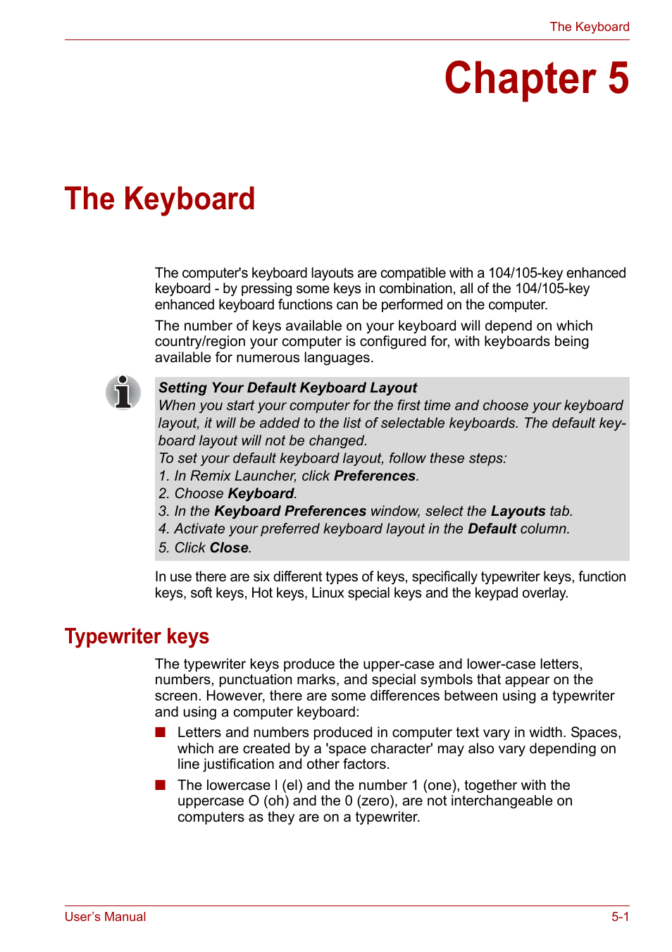 Chapter 5: the keyboard, Typewriter keys, Chapter 5 | The keyboard, Typewriter keys -1, Apter 5 | Toshiba NB200 User Manual | Page 65 / 138